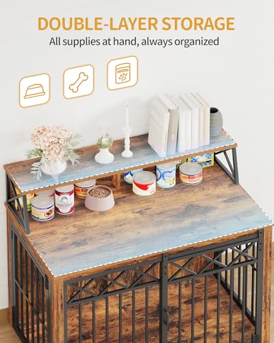 Hzuaneri 39.4'' Dog Crate Furniture, Large Wooden Dog Crate with Storage and 3 Doors, Indoor Kennel for Medium/Large Dogs, End Table with Barn Door, Chew-Proof and Escape-Proof, Rustic Brown DFC87401B Hzuaneri