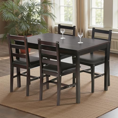 FDW | 5-Piece Solid Wood Dining Table Set for 4 | Brown | Space-Saving Design | Smooth Easy-to-Clean Surface | Pine Kitchen Table with Upholstered Chairs | for Dining Room, Apartment, Restaurant FDW