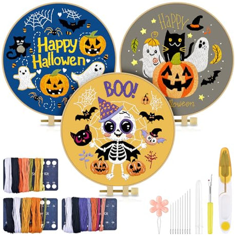 TINDTOP Halloween Embroidery Kit for Adult, 3 Pack Embroidery DIY Starter Kit, with Stamped Patterns, Hoop, Tools, Colorful Threads with Needles, Instructions TINDTOP