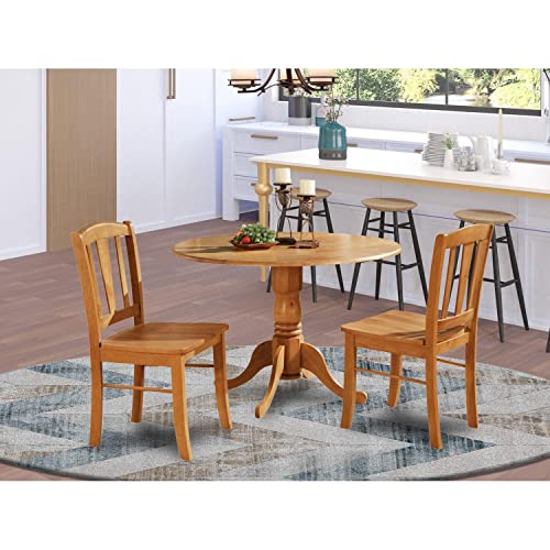 East West Furniture DLIN3-OAK-W 3 Piece Set for Small Spaces Contains a Round Dining Room Table with Dropleaf and 2 Wood Seat Chairs, 42x42 Inch - WoodArtSupply