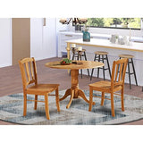East West Furniture DLIN3-OAK-W 3 Piece Set for Small Spaces Contains a Round Dining Room Table with Dropleaf and 2 Wood Seat Chairs, 42x42 Inch East West Furniture