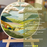 FONNUY Embroidery Kit for Beginners, Nature Hills Landscape Pre-Stamped Pattern Kits for Adults with Hoop, Easy to Follow Color Thread Needlework, 8'' Hoop (Rolling Mountains)