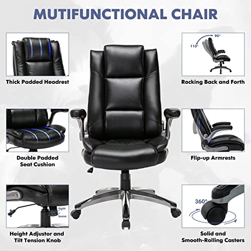 MALOL Leather Executive Office Chair - High Back Home Computer Desk Chair with Padded Flip-up Arms, Adjustable Tilt Lock, Swivel Rolling Ergonomic Chair for Adult Working Study, Black MALOL