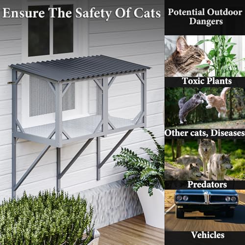 Waleaf Cat Window Box, 43.3" Catio Outdoor Cat Enclosure for Sunbathing, Napping & Overlooking, Sturdy Window Perch for Large Indoor Cats - All Weather Use, Nature Friendly Design Waleaf