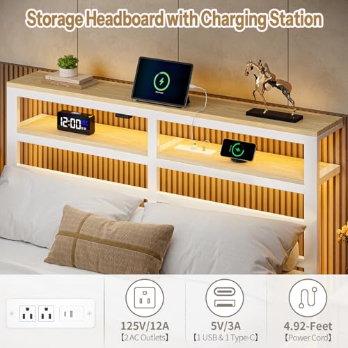 kozfrn Floating Bed Frame Full Size with Storage Headboard,Modern Metal Platform with Smart LED Lights and Charging Station,Metal Slat Support,No Box Spring,Easy Assembly,Noise-Free,White kozfrn