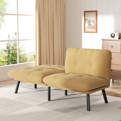 homeokay Futon Sofa Sleeper Couch Bed with Adjustable Backrest Thick Cushion Velvet Fabric for Department Living Room Lounge Sofa Loveseat (Brown) homeokay