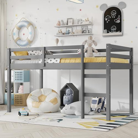 Mirightone Low Loft Bed Twin Size, Wood Junior Loft Bed Frame with Ladder for Kids Girls Boys Teens, Solid Rubberwood, Gray Mirightone