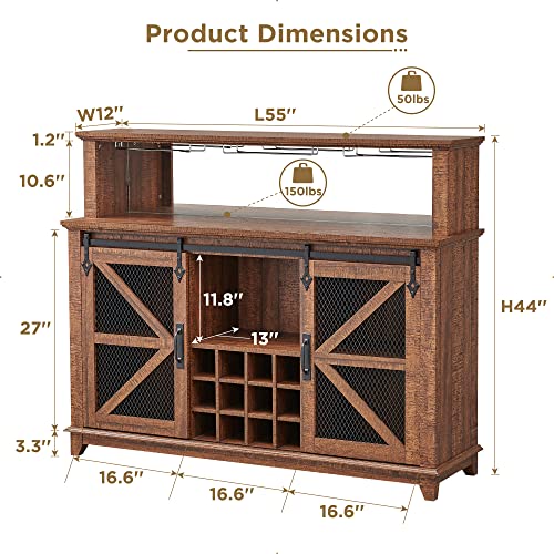 OKD Farmhouse Coffee Bar Cabinet with LED Lights, 55" Sideboard Buffet Table w/Sliding Barn Door & Wine and Glass Rack, Home Liquor Bar w/Storage Shelves for Dining Room,Reclaimed Barnwood - WoodArtSupply