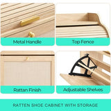 LINSY Shoe Storage Cabinet, Rattan Shoe Cabinet Wood Shoes Rack Cabinets with Sliding Tambour Door, Large Flip Drawer Shoe Cabinet Boho Hidden Shoe Storage for Entryway, Front Door, Hallway, Oak LINSY