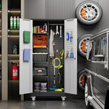 GLADIW Garage Storage Cabinet with Wheels, Broom Closet Storage Cabinet with Pegboards and Adjustable Shelves, Metal Tool Cabinet with Lockable Door for Garage Home, Black and White GLADIW
