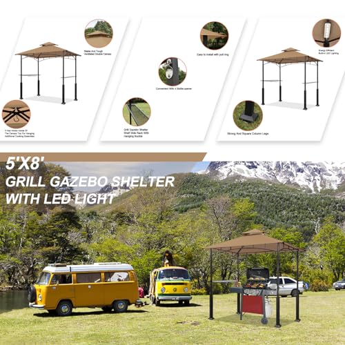 Eurmax USA 5x8 Grill Gazebo Shelter for Patio and Outdoor Backyard BBQ's, Double Tier Soft Top Canopy and Steel Frame with Bar Counters, Bonus LED Light X2(Khaki) Eurmax