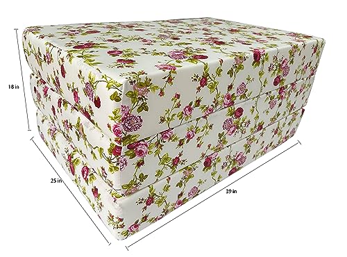 D&D Futon Furniture Red Rose White Twin Size Shikibuton Trifold Beds, Covertible Ottoman, Folding Mattress 75 x 39 x 6, High Density Foam D&D Futon Furniture