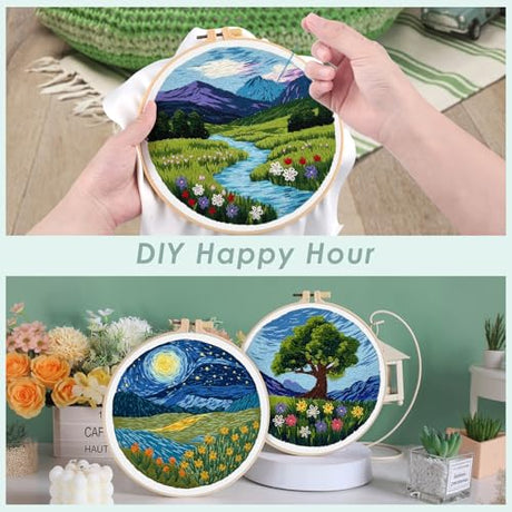 ERKOON 5 Sets Embroidery Kit for Beginners, Butterfly Cross Stitch Set for Include Embroidery Cloth Hoops Threads for Craft Lover Hand Stitch (Landscapes) ERKOON