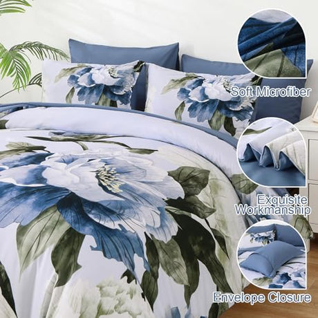 Dobuyly Blue Queen Comforter Set 7 Piece Bed in a Bag Queen, Blue Floral Print on Light Blue Comforter Set with Sheets, Soft Microfiber Complete Bedding Set for All Season Dobuyly
