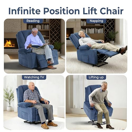KCQ Overstuffed Electric Recliner Chairs for Adults with Cup Holder and USB Port, Fabric Power Lift Recliner Chair with Heat and Massage for Elderly Seniors, Blue KCQ