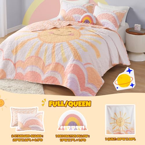 Intelligent Design Kids Queen Bedding Set Cotton Sun Full Size Quilt Sets for Girls Rainbow & Clouds Reversible Queen Coverlet Dawn Light & Breathable Sham Throw Pillow Full/Queen Yellow/Coral 4 Piece Intelligent Design
