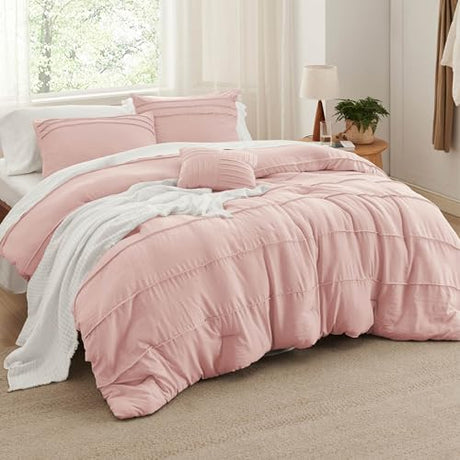 Bedsure Full Comforter Set - 4 Pieces Pinch Pleat Bed Set, Light Pink Boho Bedding for All Season, 1 Soft Comforter, 2 Pillowcases, 1 Decorative Pillow Bedsure