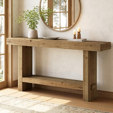 TRIBEWOOD 63-Inch Solid Wood Console Table, 2-Tier Narrow Farmhouse Entryway Table for Hallway, Entrance, Living Room, Behind The Couch,Brown TRIBEWOOD