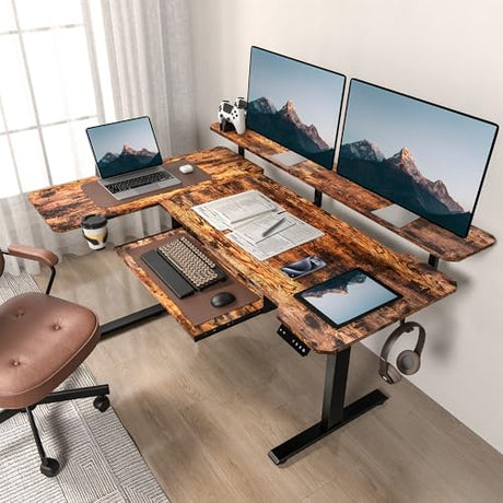 Acrolix 59 Inch L Shaped Standing Desk with Shelves and Keyboard, Electric Corner Standing Desk Adjustable Height, Sit Stand Computer Table with Reversiable Splice Board，Rustic Brown Acrolix