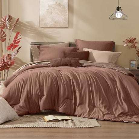 Monbix Queen Comforter Set - 7 Pieces Cationic Dyeing Terracotta Bed in a Bag Queen Bedding Sets with Comforter, Sheets, Pillowcases & Shams, Reversible Bedding Comforters Sets Monbix
