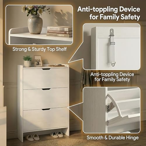 RIHHA 52" Tall Slim Shoe Cabinet, 3-Drawer Flip Down Hidden Shoe Storage with Top Fence & Open Bottom Shelf, Ultra-Thin Narrow Shoe Rack, White Wood Grain RIHHA