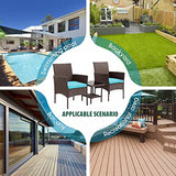 FDW 3 Piece Outdoor Furniture Set Patio Brown Wicker Chairs Furniture Bistro Conversation Set 2 Rattan Chairs with Blue Cushions and Glass Coffee Table for Porch Lawn Garden Balcony Backyard FDW