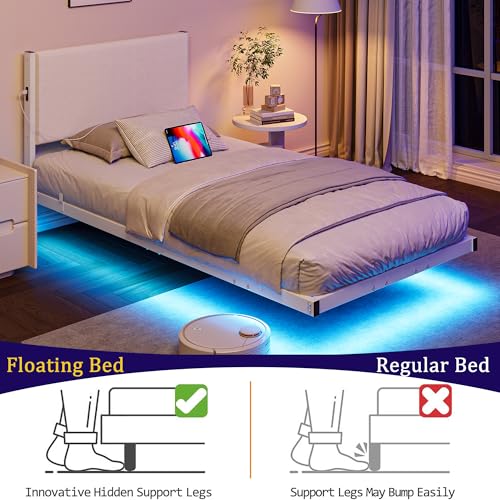 Twin Floating Bed Frame with Headboard,Twin Size Floating Bed Frame with LED Lights & USB Charging Station,Metal Platform Bed with Strong Slats Support,No Box Spring Needed,Easy Assembly,White JUISSANO