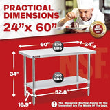 DuraSteel 24x60 Inch Stainless Steel Table - Kitchen Island Workstation with Adjustable Shelf - NSF Certified Work Table - Cooking & Laundry Prep DuraSteel