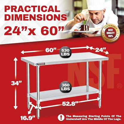 DuraSteel 24x60 Inch Stainless Steel Table - Kitchen Island Workstation with Adjustable Shelf - NSF Certified Work Table - Cooking & Laundry Prep - WoodArtSupply