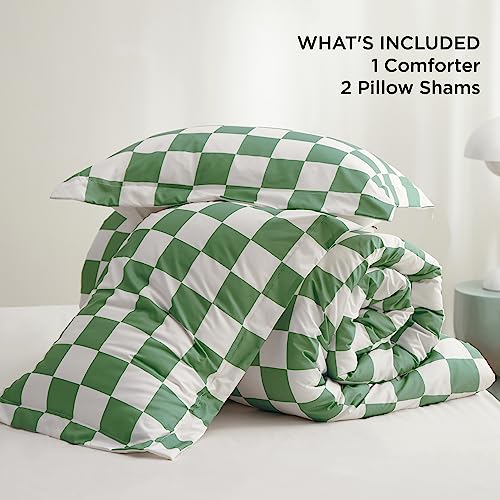 Bedsure Comforter Set Queen Size - Checkered Bedding Comforter Set for Boys, 3 Pieces, 1 Soft Green Comforter and 2 Pillow Shams Bedsure