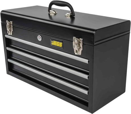 JEGS 3-Drawer Toolbox - Metal Toolbox with Ball-Bearing Drawer Slides - Rust-Resistant Latches - Black Powder Coat Finish - Includes Lock and Keys JEGS