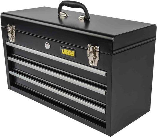 JEGS 3-Drawer Toolbox - Metal Toolbox with Ball-Bearing Drawer Slides - Rust-Resistant Latches - Black Powder Coat Finish - Includes Lock and Keys - WoodArtSupply