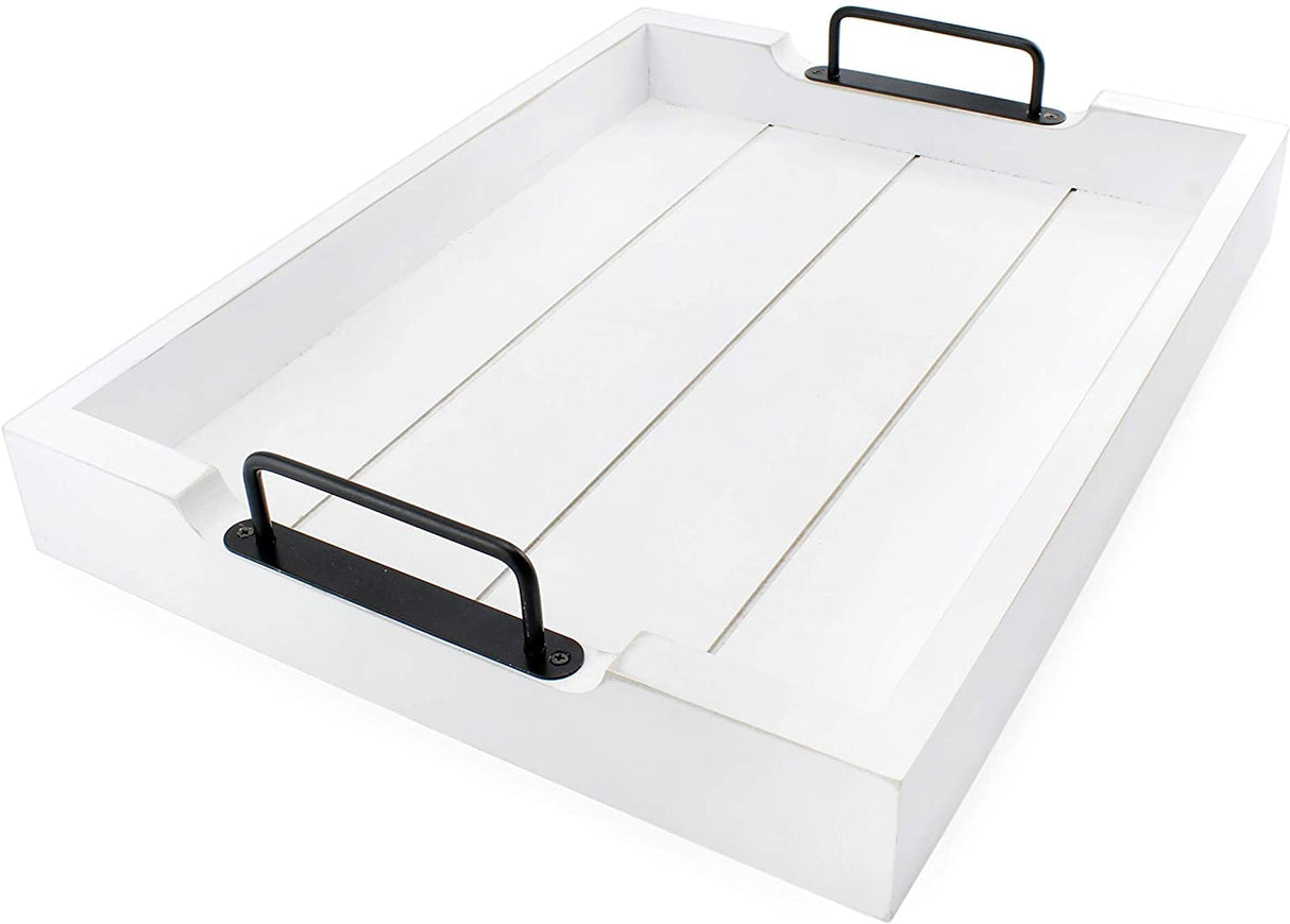 AuldHome Rustic Wood Serving Tray (White); Wooden Farmhouse Shiplap Decorative Ottoman Tray with Black Metal Handles, 16.75 x 12.75 Inches AuldHome Design