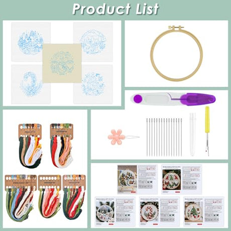 ERKOON Embroidery Kit for Beginners, 5 Sets Christmas Cross Stitch Set for Adults Include Embroidery Cloth Hoops Threads for Craft Lover Hand Stitch with Skill Techniques (Christmas#2) ERKOON