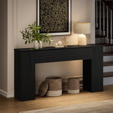 FABATO 61'' Fluted Long Console Table, Wooden Rectangular Sofa Table Behind The Couch, Narrow Entryway Table with 2 Hidden Storage Cabinets for Entrance, Hallway, Living Room, Foyer, Black FABATO