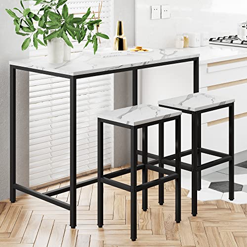 Yongchuang Modern 3-Piece Bar Table and Stools Set in White Faux Marble with Black Metal Frame Yongchuang