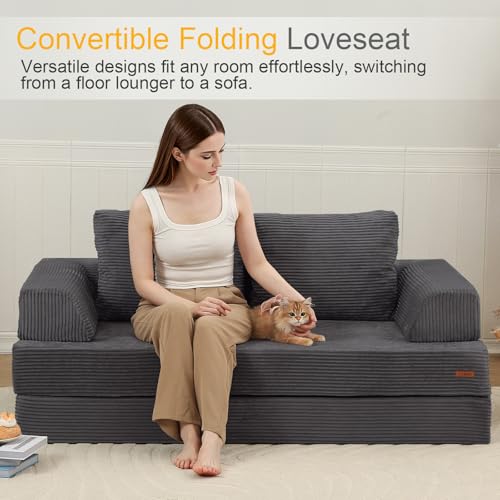 COMAX Convertible Sofa Bed, Folding Floor Couch Corduroy Fold Out Couch Bed Futon Sleeper Mattress with Pillows, Boneless Sofa Comfy Lounge Loveseat for Living Room Bedroom, Grey COMAX