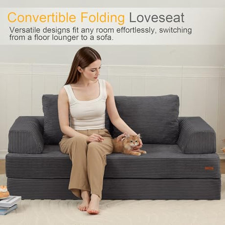 COMAX Convertible Sofa Bed, Folding Floor Couch Corduroy Fold Out Couch Bed Futon Sleeper Mattress with Pillows, Boneless Sofa Comfy Lounge Loveseat for Living Room Bedroom, Grey COMAX