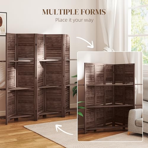 HOMCOM Room Divider, 5 Panel 67" Tall Wood Privacy Screen with 3 Display Shelves, and Folding Storage for Bedroom or Home Office, Walnut HOMCOM