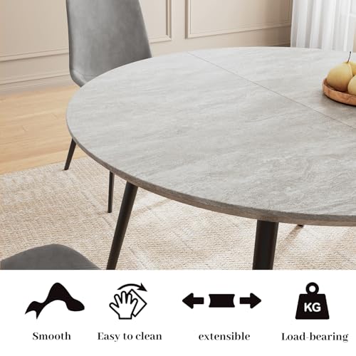 HIPIHOM 43.3"-59.1" Extendable Round Dining Table Set, Kitchen Table for 6 Person with Scratch-Resistant Thickened MDF Board, Gray Coffee Table w/Metal Legs HIPIHOM