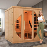 iDOTODO Infrared Wooden Sauna Room with Recliner, 2 Person Infrared Home Sauna, 220V，3400W, 5 Heating Tubes, 4 Carbon Crystal Heating Panel, Bluetooth Speakers, 7 Color Light, Oxygen Bar iDOTODO