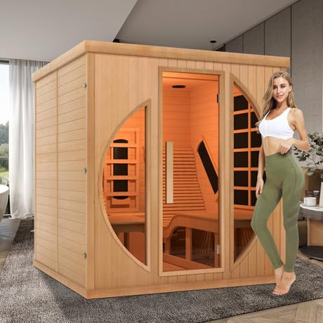 iDOTODO Infrared Wooden Sauna Room with Recliner, 2 Person Infrared Home Sauna, 220V，3400W, 5 Heating Tubes, 4 Carbon Crystal Heating Panel, Bluetooth Speakers, 7 Color Light, Oxygen Bar iDOTODO