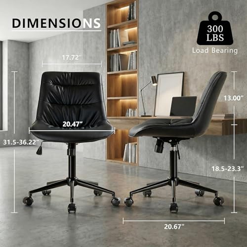 Rowill Faux Leather Office Chair, Ergonomic Armless Desk Chair with Waterproof Cushion & Slient Wheels & SGS-Certified Class 3 Gas Lift, Ideal for Home Office, Study and Vanity(Black) Rowill