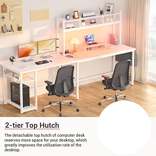 Aheaplus L Shaped Desk with Power Outlet & LED Strip, Reversible L-Shaped Corner Computer Desks Gaming Desk with Storage Shelf & Monitor Stand, Modern 2 Person Home Office Desk, Writing Desk, White