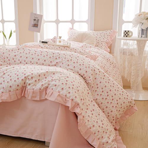 EAVD French Style Garden Pink Floral Comforter Set Full Girls Fluffy Soft Microfiber Chic Shabby Floral Bedding Set with 2 Pillowcases Fresh Ruffled Botanical Comforter Set for All-Season EAVD
