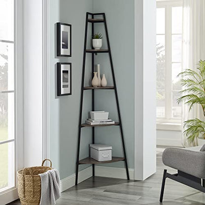 Freya Modern Industrial 5-Shelf Corner Bookcase in Grey Wash by Walker Edison - WoodArtSupply