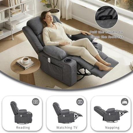 GAOHAPY Rocker Recliner Chair with Heat and Massage,360°Swivel Nursery Recliner Chair for Adults,Modern PU Leather Recliner Single Sofa Seat with 2 Cup Holders and Side Pocket (Grey) GAOHAPY