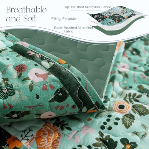 Exclusivo Mezcla Reversible Boho Quilts Twin Size, Green Bedspreads Lightweight Coverlet All Season Patchwork Quilt Bedding Set with Printed Floral Pattern (1 Quilt, 1 Pillow Sham) Exclusivo Mezcla
