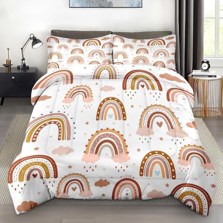 Pamnest Comforter Set Twin Size, Boho Rainbow Pink Soft 2 Pcs Bedding for Kids and Adults, Love Colorful Nursery Comforter Set with Pillowcase, for Bedroom Bed Decor Pamnest