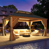 MELLCOM 12' X 14' Hardtop Gazebo, Wooden Finish Coated Aluminum Frame Gazebo with Galvanized Steel Double Roof, Brown Metal Gazebo with Curtains and Nettings for Patios, Gardens, Lawns MELLCOM